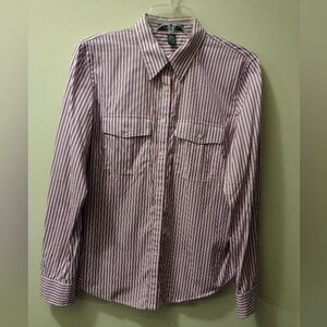 Lauren Ralph Lauren Button Up Shirt Womens M/M Purple White Striped Flap Pockets